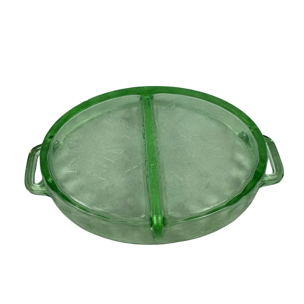 Jeanette Glass Poinsettia Green Uranium Depression Glass Divided Relish Dish